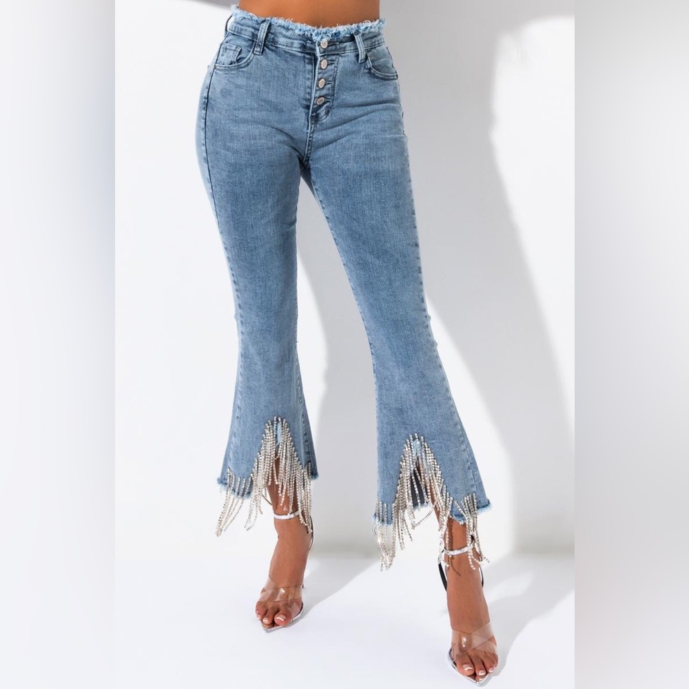Blue B denim jeans with crystal frill trim